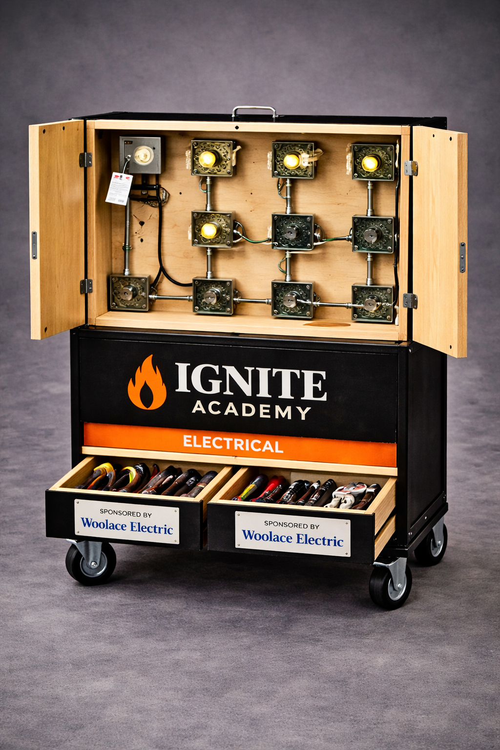 Ignite Academy Electrical Mobile Kit sponsored by Woolace Electric — a self-contained training station on wheels with wiring boards and tool drawers
